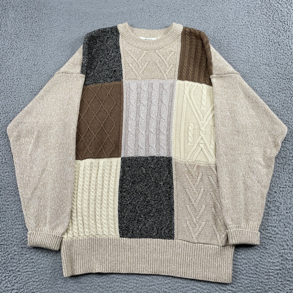 Orvis Sweater Mens XL Tan Patchwork Cable Knit Cotton Crewneck Pullover LS